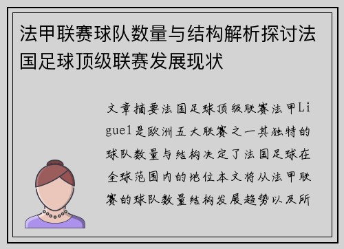 法甲联赛球队数量与结构解析探讨法国足球顶级联赛发展现状